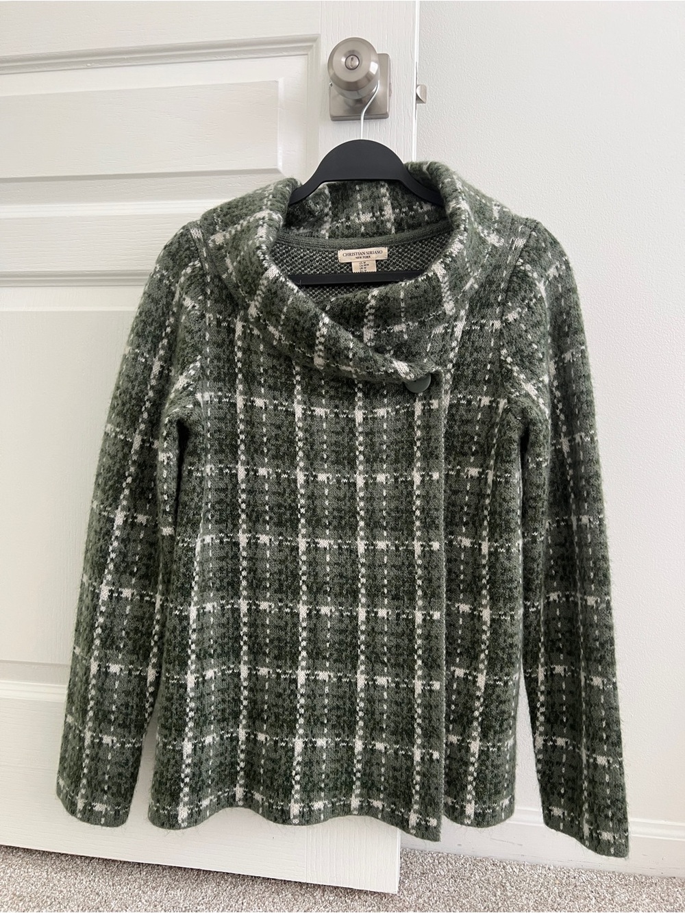 Christian Siriano Green and White Plaid Cowl Neck Sweater